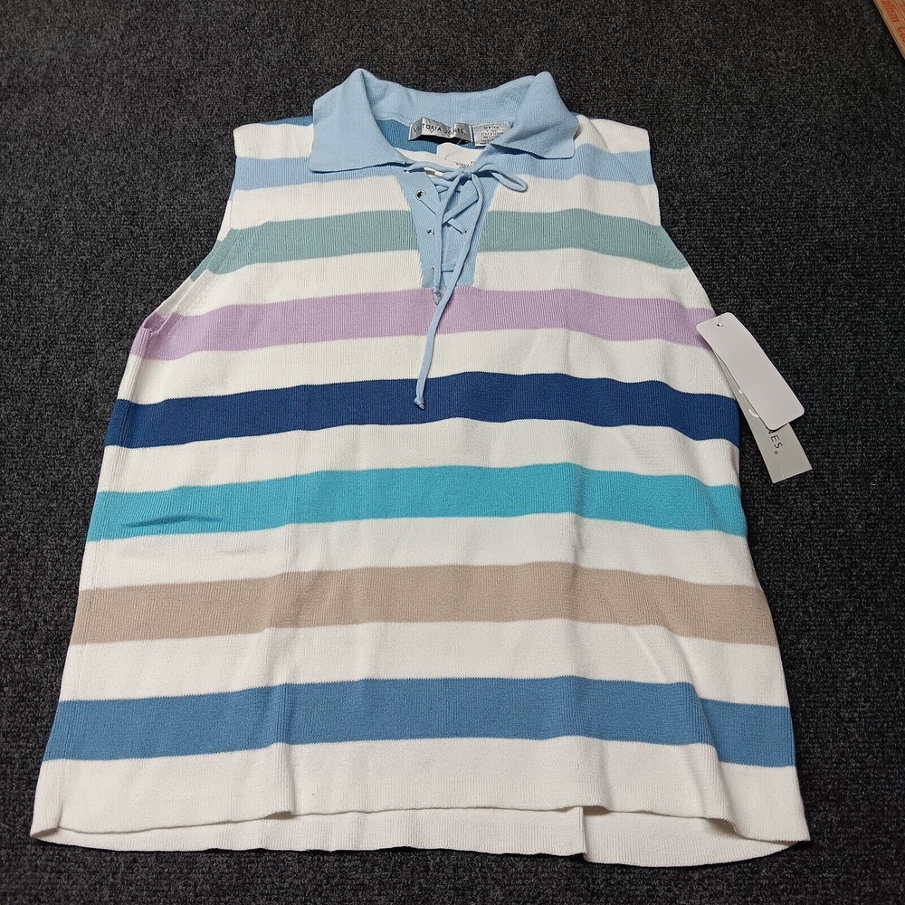 NWT‎ Victoria Jones Sleeveless Sweater Women XL Striped Tie Front Collared